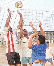 A volleyball match between the Srinagar Area and the Jammu Area in progress