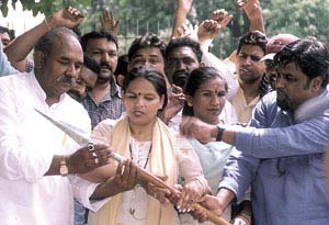 Spears being distributed at the �Bhalla Vitran Samaroh�, organised by the National Valmiki Veer Dal, at Jantar Mantar in the Capital on Saturday.