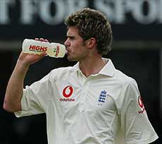 James Anderson of England takes a drink during the third day of the first Test against Zimbabwe