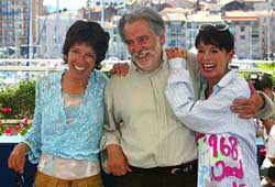 British actress Geraldine Chaplin poses with her sister Annie Chaplin and her brother Michael