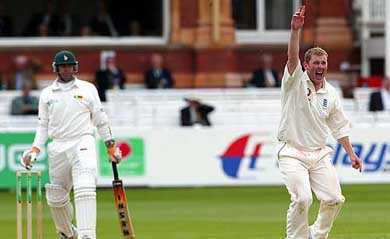 England's bowler Anthony McGrath successfully appeals for an LBW