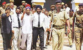 Baba Piara Singh Bhaniarawala outside a court in Ambala on Monday.