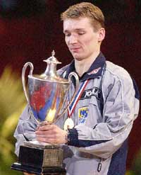 Werner Schlager of Austria holds his trophy after winning the men�s singles final at the World Table Tennis championships