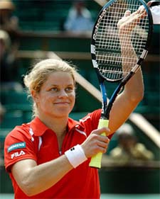 Kim Clijsters of Belgium celebrates her victory over Amy Frazier of the US 