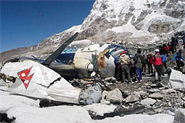 Wreckage of the Russian-built Mi-17 helicopter lies near the Mount Everest base camp