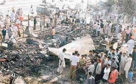 A scene of a fire incident in which at least 30 kiosks were gutted in Mullanpur Dakha