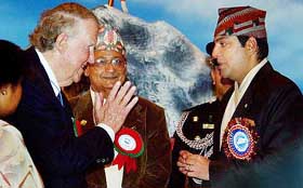 Sir Edmund Hillary greets Nepalese Crown Prince Paras Bir Bikram Shah Dev during ceremonies in Kathmandu, Nepal, on Thursday.