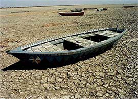 Fishing boats lie idly on the dried bed of the Nalsarovar�bird�sanctuary due to�shortage of rainfall