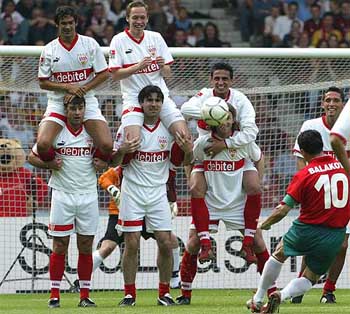 Bulgarian soccer star Krassimir Balakov makes a free kick