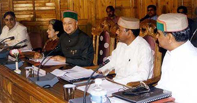Chief Minister Virbhadra Singh attends a meeting on hydro power development with Union Power Minister Anant G. Geete in Shimla on Monday.