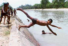A boy jumps into the Sidhwan Canal in Ludhiana to beat the heat