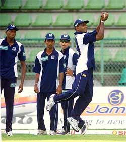 Sanath Jayasuriya of Sri Lanka catches the ball during a team training session