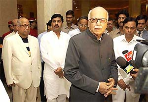 Deputy Prime Minister L. K. Advani speaks to mediapersons