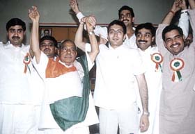 Industries Minister Deep Chand Bandhu along with Youth Congress leaders at a workers� training camp