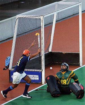 India's Prabjot Singh celebrates after scoring a goal 