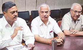 (From left) Mr Satya Pal Jain, a former MP and senior BJP leader, the local BJP president, Mr Yash Pal Mahajan, and Mr Parshotam Mahajan address mediapersons