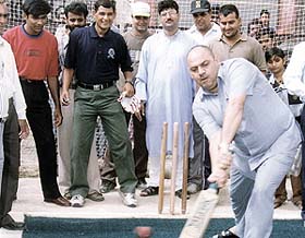 Hastal MLA Mukesh Sharma inaugurating a cricket coaching camp organised by Hans Club at Holi Chowk, Dussehra ground
