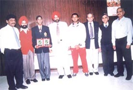 Hockey international Pramod Kumar is being felicitated