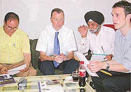 Mr Avtar Singh, chairman of Sri Sukhmani Institute of Engineering and Technology, makes a point before signing a memorandum of understanding with the University of Plymouth, UK, for starting a diploma in marine engineering. Dr John Chudley, Head of Department of Mechanical and Marine Engineering, University of Plymouth (right) and Mr Andrew Rossiter, International Officer of the University of Plymouth (left), are also seen in the picture