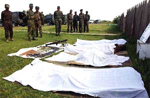 Bodies of four Pakistani Al-Badr militants,  killed by Rashtriya rifles in a night-long encounter in Kupwara district