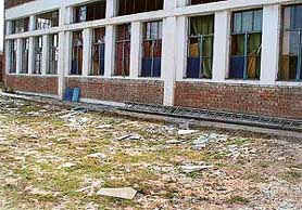 The broken windowpanes of the Civil Defence Training Institute, SAS Nagar. Seven persons sleeping inside it were injured when splinters hit them following the fire incident at Ranbaxy plant on on Wednesday
