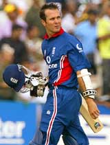 England captain Michael Vaughan walks back to the pavilion