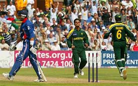 Pakistani bowler Mohammad Hafeez celebrates the wicket of England's Vikram Solanki