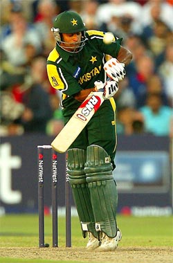 Pakistan's Mohammad Hafeez plays a shot off England's James Anderson