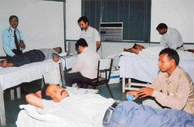Employees of Hero Cycles, Ludhiana, donate blood at a blood donation camp organised by Dayanand Medical College and Hospital