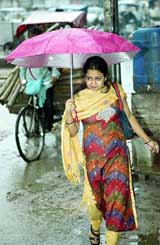 A woman uses an umbrella to protect herself from rain