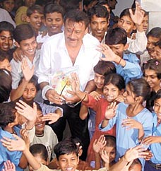 Jackie Shroff calls on the children of Prayas in the Capital on Friday.