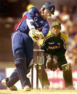 England opening batsman Marcus Trescothick plays a stroke