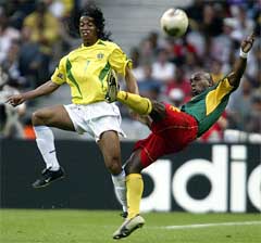 Ronaldinho of Brazil leaps high