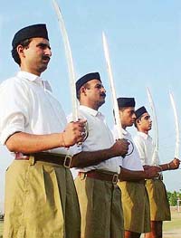 RSS volunteers with swords in their hands taking out the route march in Ludhiana