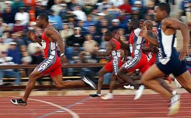 Bernard Williams edges past Tim Montgomery Monzavous Edwards and Marcelle Scales