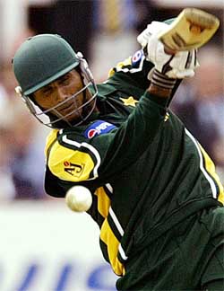 Pakistan's Abdul Razzaq hits a boundary 