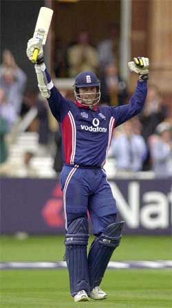 England's Marcus Trescothick celebrates his century against Pakistan