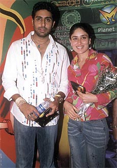 Abhishek Bachchan with Kareena Kapoor at a promotional event in the Capital on Tuesday