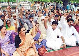 Members of the Bharatiya Janata Yuva Morcha protest in support of their demands in Sector 17, Chandigarh