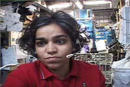 A NASA television footage shows Kalpana Chawla working aboard Columbia during its scientific research mission