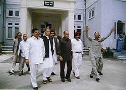 BJP MLAs protest outside the Vidhan Sabha in Shimla on Thursday.