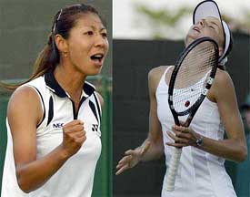Japan's Shinobu Asagoe (left) reacts as she defeats Daniela Hantuchova of Slovakia