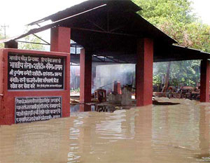 Durgiyana Mandir crematorium seen flooded after overnight heavy downpour in Amritsar