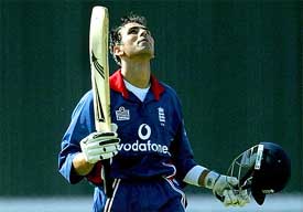 England's opening batsman Vikram Solanki celebrates his maiden international century