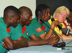Cameroon national soccer team coach Winfried Schaefer of Germany watches