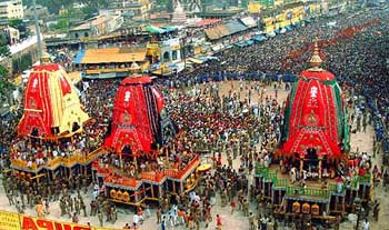 Thousands of devotees pull Lord Jagannath�s chariot on the occasion of the Rath Yatra in Puri on Tuesday.