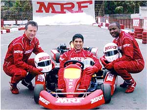 Sachin Tendulkar, Brian Lara and Steve Waugh at the Deanny's Karting Centre during a pre-race practice session