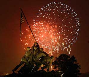 Fireworks explode over the Iwo Jima Memorial in Washington on Friday