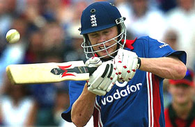 England's Andrew Flintoff hits a boundary