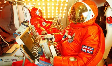 Balloon pilots Colin Prescot and Andy Elson sit on the Qinetiq 1 flight platform during the final testing for a world altitude attempt 